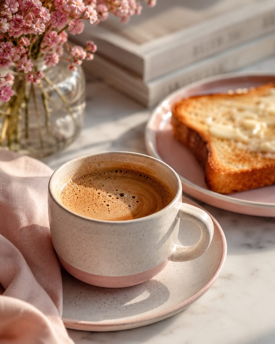 Espresso and buttered toast in morning light